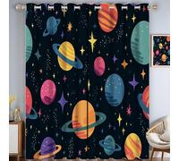 GDJSMIN Space Planet Curtains W 34" X L 45" - 2X Panels - Eyelet Curtain Dark Blue - Cartoon Planet Icon Curtains For Bedroom & Living Room