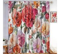 GDJSMIN Super Soft Watercolor Floral Pattern Thermal Insulated Blackout Curtains Peony Green Leaves Texture Window Treatment Eyelet Blackout Curtains for Bedroom W 34" x L 45" Red Two Panels