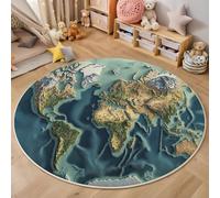 GDJSMIN Terrain Texture Round Rugs For Living Room,Relief World Map Washable Area Rugs For Bedroom, Non Slip Soft Low Pile Floor Carpet For Home Decor,90Cm, Blue-Green