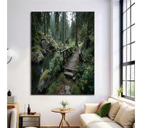 GDJSMIN Tranquil Mysterious Scenery Decoration Poster, Dense Forest Wooden Bridge Decoration Painting, Printed Poster On The Background Wall Of The Living Room Office, Frameless (Dark Green,50×70 Cm)
