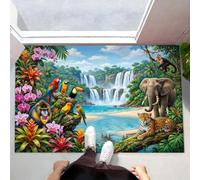 GDJSMIN Tropical Rainforest Door Mat 80 x 120 cm - Machine Washable Mat Super Soft Non Slip Doormat Indoor Orchid Parrot Elephant Absorbent Floor Mats Heavy Duty Entrance Rug, Blue-Green
