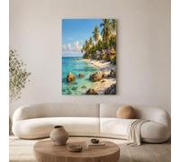 GDJSMIN Unframed Canvas Wall Art 60×90 Cm Tropical Islands Palm Trees Thatched Huts Walls Canvas Pictures For Living Room Bedroom Hallway Wall Decoration Prints Blue