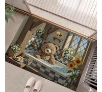 GDJSMIN Warm And Lovely Doormat Decorative Door Mat Indoor,Teddy Bear Sitting In Bubble Bath Doormat Washable Floor Mat, Non Slip Entrance Rug For Kitchen Outdoor,Dark Brown,50 X 80 Cm