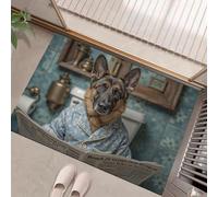 GDJSMIN Washable Door Mats Indoor & Outdoor - Realistic Humor Non-Slippery Heavy Duty Front Door Mat - German Shepherd Reading Newspaper While Sitting Toilet Dust Grabbing Doormats (Blue, 45 X 75 Cm)