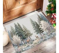 GDJSMIN Washable Mat For Entryway 90 X 150 Cm, Mint Green Watercolor Forest Painting Rug For Front Back Door,Short Pile,Tall Pine Trees Deer Machine Washable Kitchen Non Slip Bath Rug For Bathroom