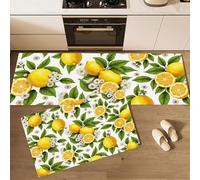 GDJSMIN Watercolor Fruits Kitchen Mat, Non Slip Washable Kitchen Floor Rug,Lemon With Small White Flower Pattern, Soft Absorbent Mat For Kitchens Sink,44×70Cm+44×120Cm,Yellow