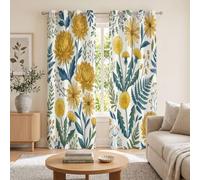 GDJSMIN Yellow Daisy Fern Leaves Blackout Curtains Wildflower Leaves Light Blocking Darkening Grommet Mustard Yellow Curtain for Living Room Villa, Bedroom 2 Panels Set, 90 x 90 Inch