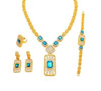 GDJWRI Luxury 4-Piece Dubai Gold Jewelry Set with Red Crystal and Gold Plating, 16.7" Necklace, 7.9" Bracelet, Earrings and Ring, 62.0 Inches, Metal, No Gemstone