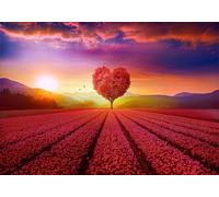 gdkldfg Wallpaper Poster 200x140cm Red Heart Large Tree Flowers Sky Clouds Natural Landscape Wall Mural,Non-Woven Silk,Decorations Living Room Bedroom