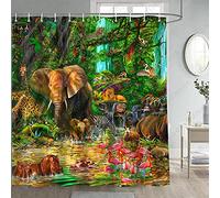 Gdmoon Forest Animal Shower Curtains Rainforest Jungle Shower Curtain Kids Shower Curtain Giraffe Elephant Leopard Tropical Safari for Bathroom 72 X 72 Infabric Water Proof Bath Curtain with 12 Hooks