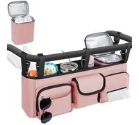 GDNasist Double Stroller Organizer Compatible with Bob Duallie and Baby Jogger City Mini GT2, Double Baby Stroller Accessories with Cooler Bag, Parent Console Double Jogging Stroller Caddy, Pink