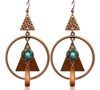 Gdpaddy Bohemian Vintage Copper Hollow Round Circle Dangle Drop Earrings Handmade Wood Teardrop Triangle Geometry Hook Earrings for Women, M, Metal, No Gemstone