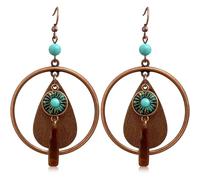 Gdpaddy Bohemian Vintage Copper Hollow Round Circle Dangle Drop Earrings Handmade Wood Teardrop Triangle Geometry Hook Earrings for Women, M, Metal, No Gemstone