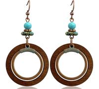 Gdpaddy Bohemian Vintage Copper Hollow Round Circle Dangle Drop Earrings Handmade Wood Teardrop Triangle Geometry Hook Earrings for Women, M, Metal, No Gemstone