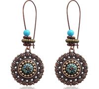 Gdpaddy Bohemian Vintage Copper Round Circle Disc Dangle Drop Earrings Geometric Flower Swirl Maze Spiral Leverback Earrings for Women, L, Bronze, No Gemstone