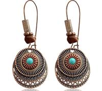 Gdpaddy Bohemian Vintage Copper Round Circle Disc Dangle Drop Earrings Geometric Flower Swirl Maze Spiral Leverback Earrings for Women, L, Bronze, No Gemstone