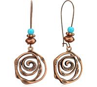 Gdpaddy Bohemian Vintage Copper Round Circle Disc Dangle Drop Earrings Geometric Flower Swirl Maze Spiral Leverback Earrings for Women, L, Bronze, No Gemstone