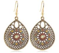 Gdpaddy Bohemian Vintage Gold Sparkly Crystal Teardrop Dangle Drop Earrings Handmade Colorful Enamel Rhinestone Geometry Hook Earrings For Women, L, Metal, No Gemstone