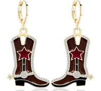 Gdpaddy Handmade Long Gold Sparkly Crystal Cowboy Boot Dangle Drop Earrings Asymmetry Glitter Hat Boots Star Hook Earrings For Women, L, Metal, Rhinestone