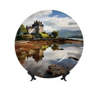 GDSHJKLW 10in Bone China Decorative Plate Art Ceramic Decorative Plate With Display Stand Scotland Castle Water Lake Scottish Handmade Ceramic Ornament For Home Office Wall Decor