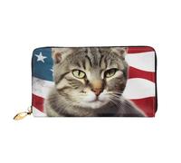 GDSHJKLW American Cat Usa Flag Women Wallets Leather Zip Around Clutch Purses Waterproof Credit Card Holder With Phone Holder Ladies Travel Coin Purse