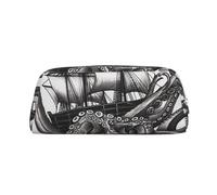 GDSHJKLW Black And White Octopus And Ship Leather Pencil Case Large Capacity Pen Pouch,Zipper Makeup Bag For Women Men Travel Toiletry Bags Waterproof Cosmetic Bag Wide-Open Coin Pouch Purse, Silver