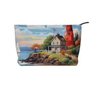 GDSHJKLW Corduroy Makeup Bag Cosmetic Bag For Women Girls,Large Capacity Portable Toiletry Pounch With Zipper, Coastal Lighthouse Aesthetic Women Handbags Purses Travel Make Up Organizer