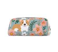 GDSHJKLW Corgi Floral Flowers Spring Garden Leather Pencil Case Large Capacity Pen Pouch,Zipper Makeup Bag For Women Men Travel Toiletry Bags Waterproof Cosmetic Bag Wide-Open Coin Pouch Purse, Silver