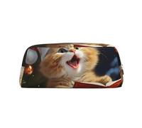 GDSHJKLW Cute Cat Sing Christmas Carols Leather Pencil Case Large Capacity Pen Pouch,Zipper Makeup Bag For Women Men Travel Toiletry Bags Waterproof Cosmetic Bag Wide-Open Coin Pouch Purse, Silver