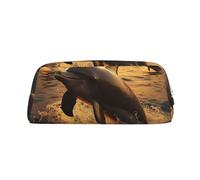 GDSHJKLW Dolphin And Sunset Leather Pencil Case Large Capacity Pen Pouch,Zipper Makeup Bag For Women Men Travel Toiletry Bags Waterproof Cosmetic Bag Wide-Open Coin Pouch Purse