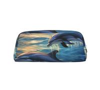 GDSHJKLW Dolphins In The Sea1 Leather Pencil Case Large Capacity Pen Pouch,Zipper Makeup Bag For Women Men Travel Toiletry Bags Waterproof Cosmetic Bag Wide-Open Coin Pouch Purse, Silver, One Size
