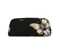 GDSHJKLW Gold White Butterflies Black1 Leather Pencil Case Large Capacity Pen Pouch,Zipper Makeup Bag For Women Men Travel Toiletry Bags Waterproof Cosmetic Bag Wide-Open Coin Pouch Purse, Gold, One