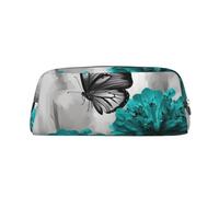 GDSHJKLW Gray Teal Flower Butterfly Leather Pencil Case Large Capacity Pen Pouch,Zipper Makeup Bag For Women Men Travel Toiletry Bags Waterproof Cosmetic Bag Wide-Open Coin Pouch Purse