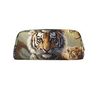 GDSHJKLW Jungle Tigers Cub Leather Pencil Case Large Capacity Pen Pouch,Zipper Makeup Bag For Women Men Travel Toiletry Bags Waterproof Cosmetic Bag Wide-Open Coin Pouch Purse, Gold, One Size