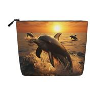 GDSHJKLW Linen Makeup Bag For Women, Waterproof Travel Cosmetic Organizer Lightweight Zipper Travel Toiletry Bag Organizer Dolphin And Sunset Makeup Brushes Storage Bag