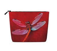 Gdshjklw Linen Makeup Bag For Women, Waterproof Travel Cosmetic Organizer Lightweight Zipper Travel Toiletry Bag Organizer Dragonfly On Red Background Makeup Brushes Storage Bag