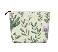 Gdshjklw Linen Makeup Bag For Women, Waterproof Travel Cosmetic Organizer Lightweight Zipper Travel Toiletry Bag Organizer Green Flower Herb Sage Leaves And Branches Makeup Brushes Storage Bag