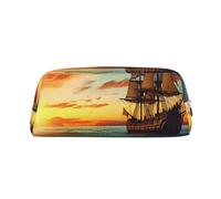 GDSHJKLW Pirate Ship In The Sunset Leather Pencil Case Large Capacity Pen Pouch,Zipper Makeup Bag For Women Men Travel Toiletry Bags Waterproof Cosmetic Bag Wide-Open Coin Pouch Purse