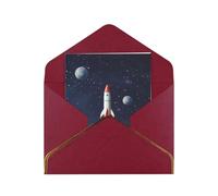 GDSHJKLW Rocket in Space Greeting Card with Dark Red Envelopes, 4x6 Thinking of You Cards Happy Birthday Wedding Invitation Blank Note Card for All Occasions