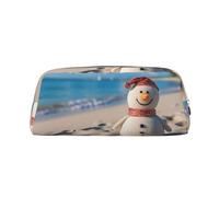 GDSHJKLW Sand Snowman On Beach Leather Pencil Case Large Capacity Pen Pouch,Zipper Makeup Bag For Women Men Travel Toiletry Bags Waterproof Cosmetic Bag Wide-Open Coin Pouch Purse, Silver, One Size