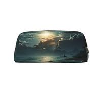 GDSHJKLW Sea Moon Leather Pencil Case Large Capacity Pen Pouch,Zipper Makeup Bag For Women Men Travel Toiletry Bags Waterproof Cosmetic Bag Wide-Open Coin Pouch Purse