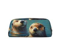 GDSHJKLW Sea Otters Painting Leather Pencil Case Large Capacity Pen Pouch,Zipper Makeup Bag For Women Men Travel Toiletry Bags Waterproof Cosmetic Bag Wide-Open Coin Pouch Purse, Gold, One Size