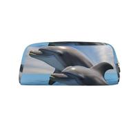 GDSHJKLW Two Dolphins Leather Pencil Case Large Capacity Pen Pouch,Zipper Makeup Bag For Women Men Travel Toiletry Bags Waterproof Cosmetic Bag Wide-Open Coin Pouch Purse