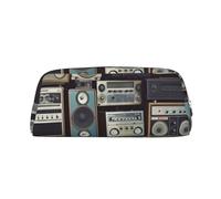 GDSHJKLW Vintage Wall Of Radio Boombox Leather Pencil Case Large Capacity Pen Pouch,Zipper Makeup Bag For Women Men Travel Toiletry Bags Waterproof Cosmetic Bag Wide-Open Coin Pouch Purse, Silver, One