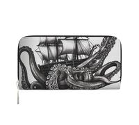 GDSHJKLW Womens Wallet Black And White Octopus And Ship Zip Around Wallet Pu Leather Phone Clutch Purse Card Holder Organizer For Women Ladies, Black, One Size