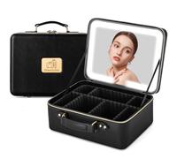 Gdsshuhung Makeup Bag with LED Mirror, 11.5'' Makeup Train Case PU Leather 3 Color Lights Cosmetic Case Portable Organizer Makeup Storage Gift for Women, Black, Travel Makeup Case With Led Lights