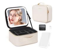 Gdsshuhung Makeup Bag with Mirror | Partitionable Professional Makeup Organizer | Large Travel Makeup Bag for Women | Cosmetic Case for Daily & On-the-Go Use (Ivory)