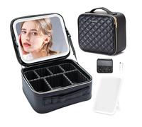Gdsshuhung Travel Makeup Bag - Large Makeup Train Case with Adjustable Dividers, Portable Cosmetic Organizer with Brush Holder for Women & Makeup Artists (Grid Black)