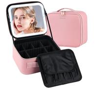 Gdsshuhung Travel Makeup Bag - Large Makeup Train Case with Adjustable Dividers, Portable Cosmetic Organizer with Brush Holder for Women & Makeup Artists (Pink)