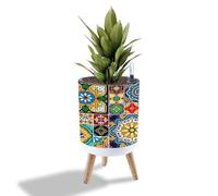 GDYAONCA Mexican Talavera Tiles Big Collection Retro Seamless Flower Pot with Stand, Indoor/Outdoor Plant Stands, 8.6in x 14in, Color 7